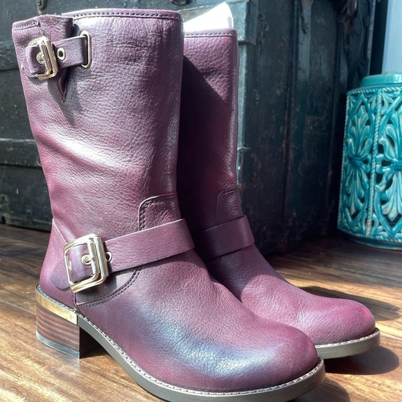 Vince Camuto Shoes - Vince Camuto Womens Windy Buckle Moto Dark Wood Mid-Calf Boots Shoes Size 7